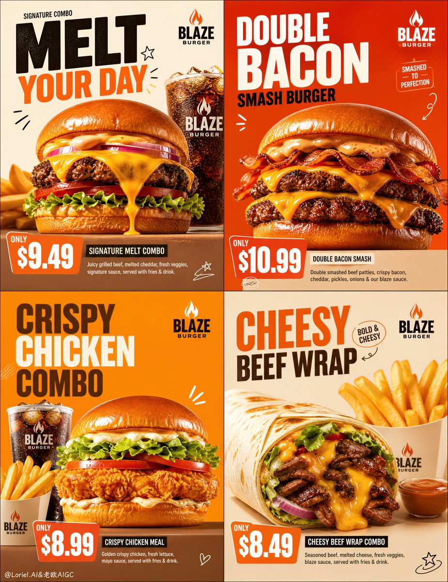Blaze Burger Ultra-Premium 2x2 Fast-Food Campaign Grid