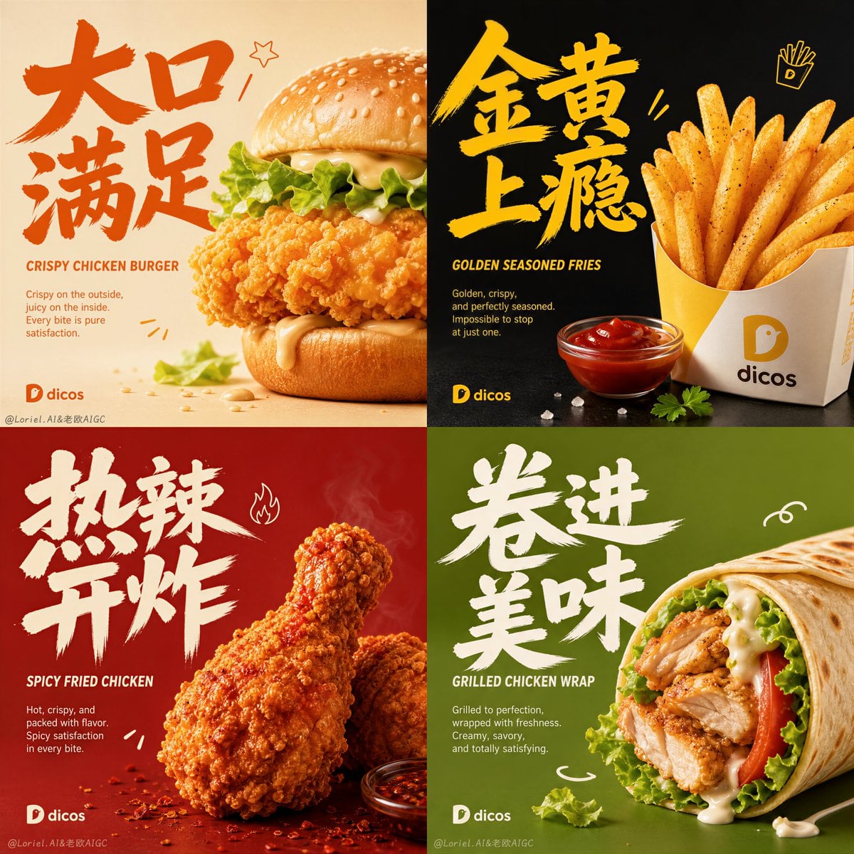 Premium Dicos 2x2 Grid Fast-Food Campaign Poster