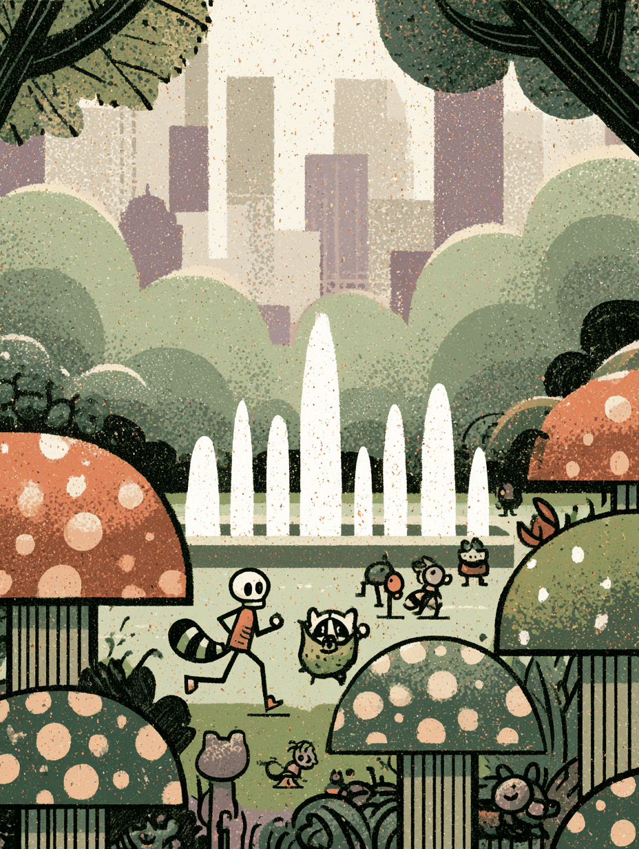 Whimsical Skeleton and Raccoon Jogging in Storybook Park - alternate