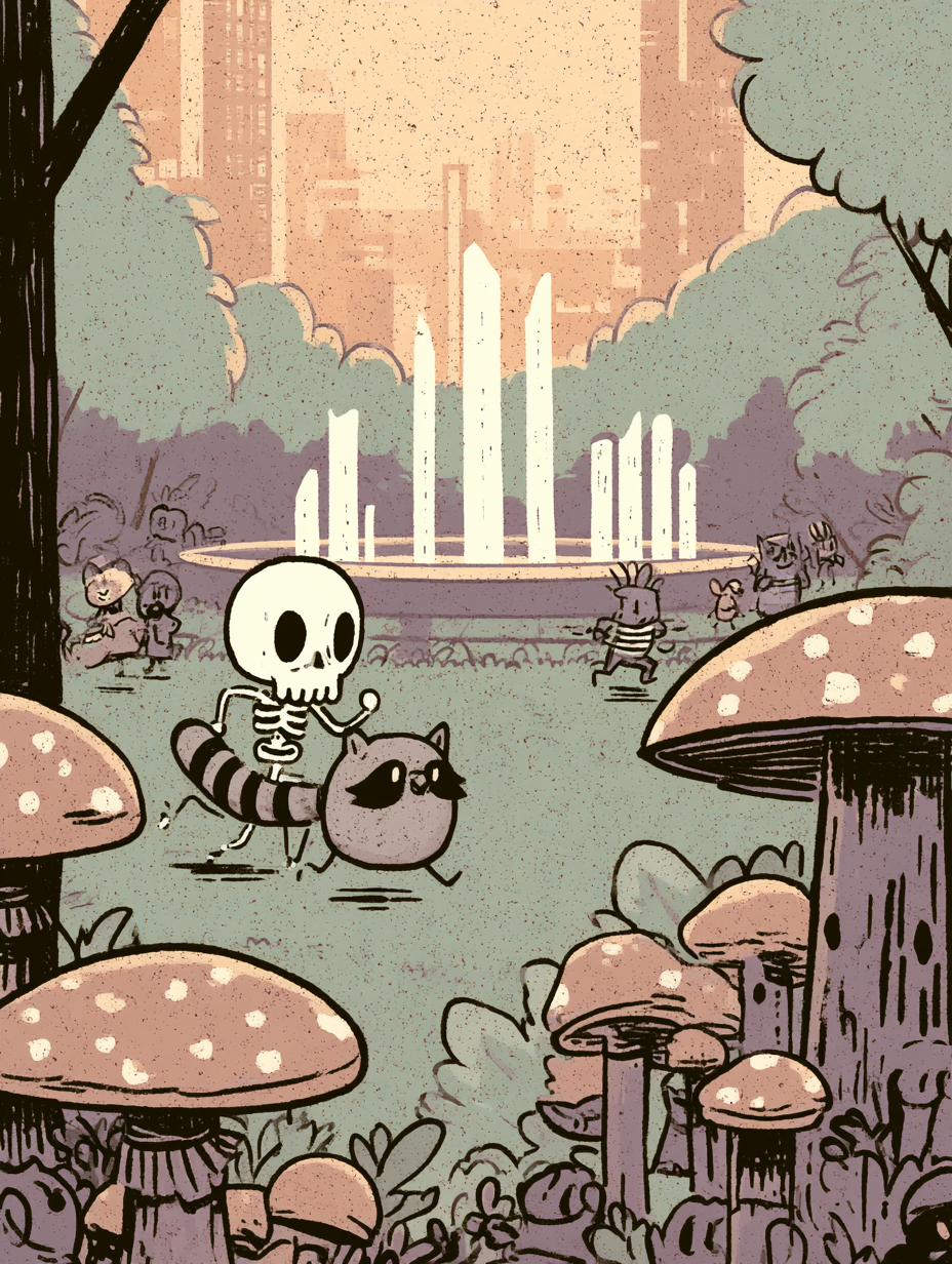 Whimsical Skeleton and Raccoon Jogging in Storybook Park - alternate