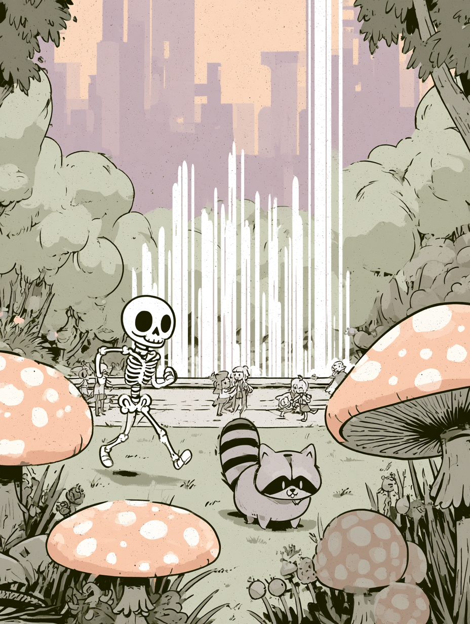 Whimsical Skeleton and Raccoon Jogging in Storybook Park - alternate