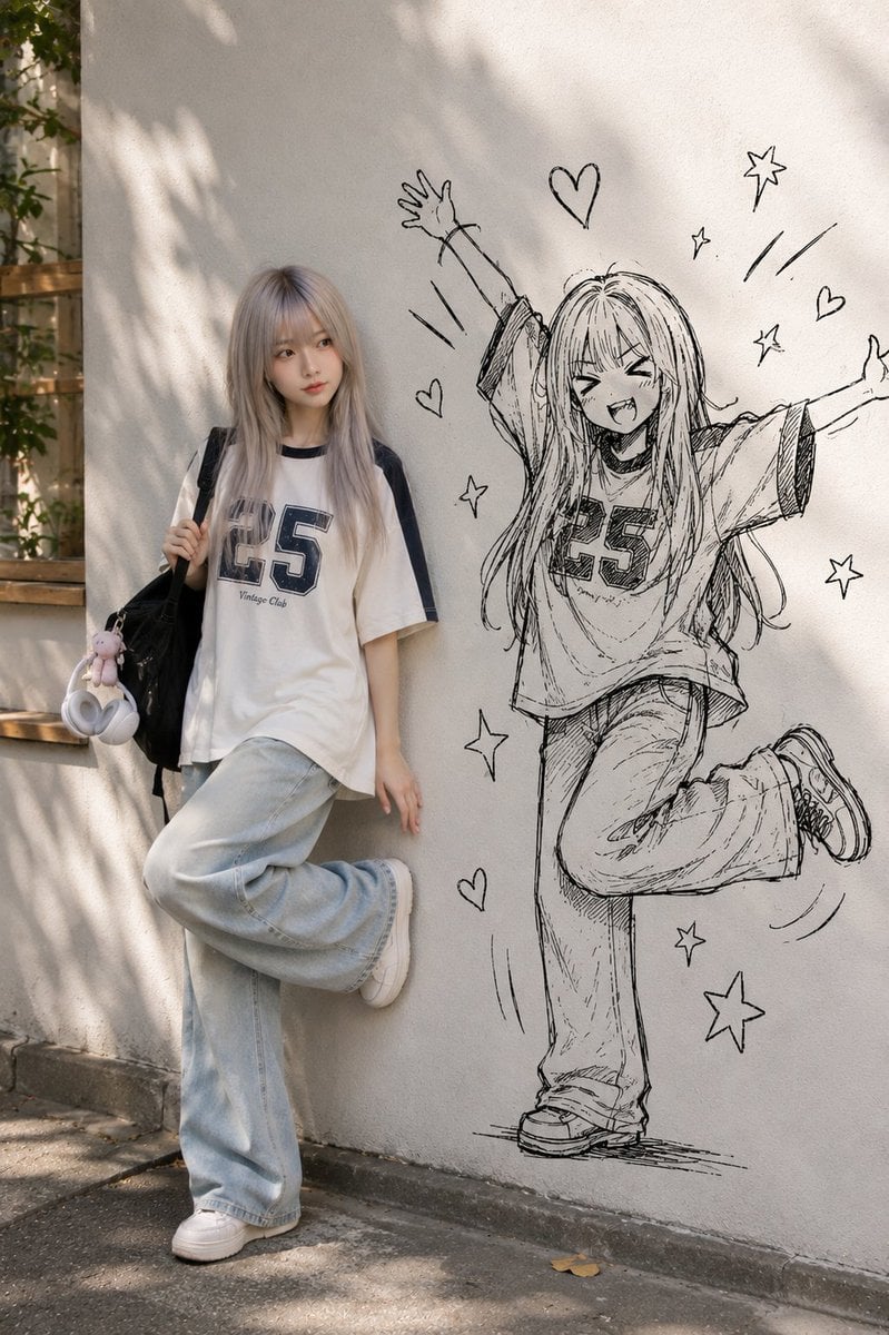Photorealistic Person with Charcoal Doodle Twin