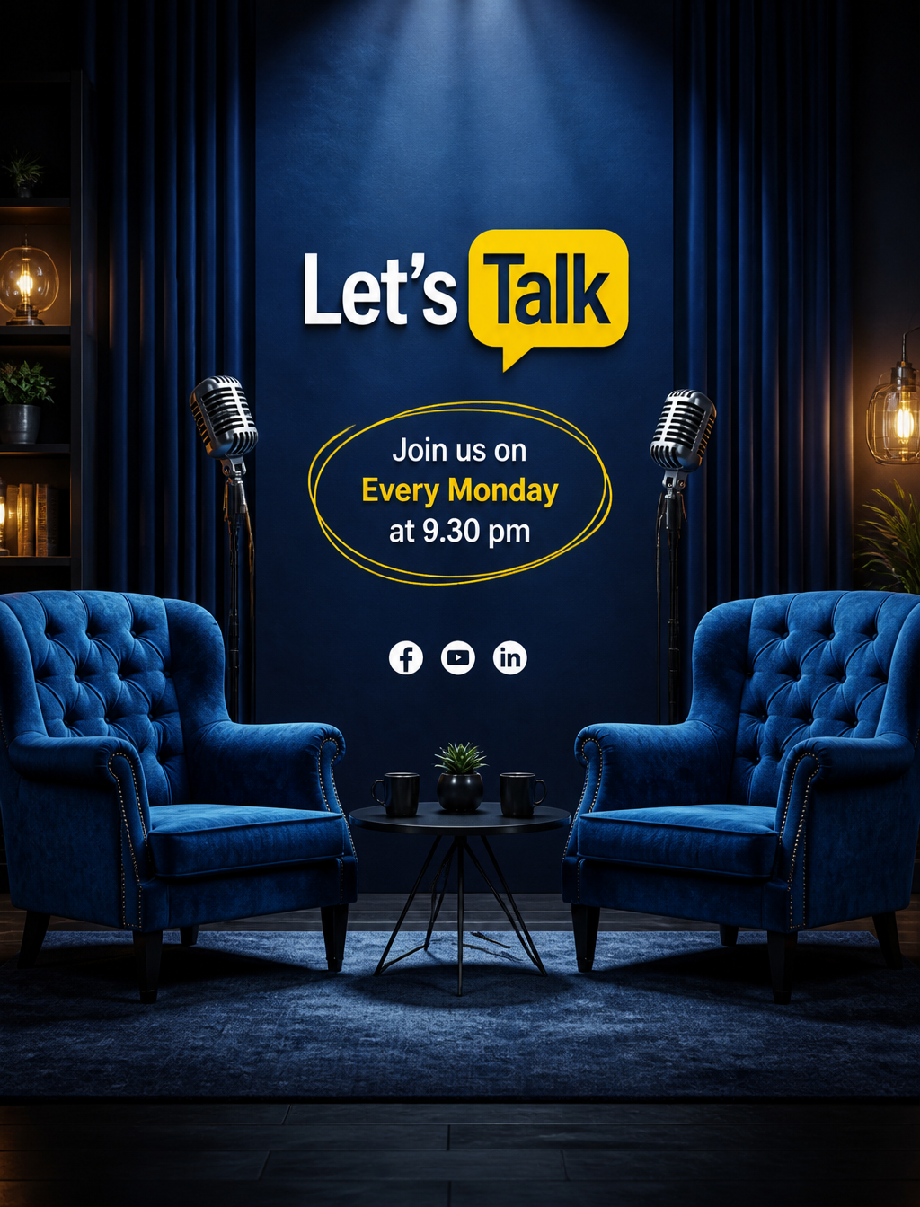 Modern Navy Blue Talk Show Studio Set