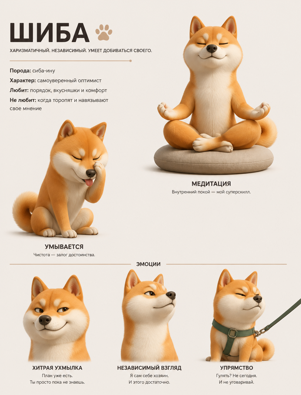 Charismatic Shiba Inu 3D Character Sheet
