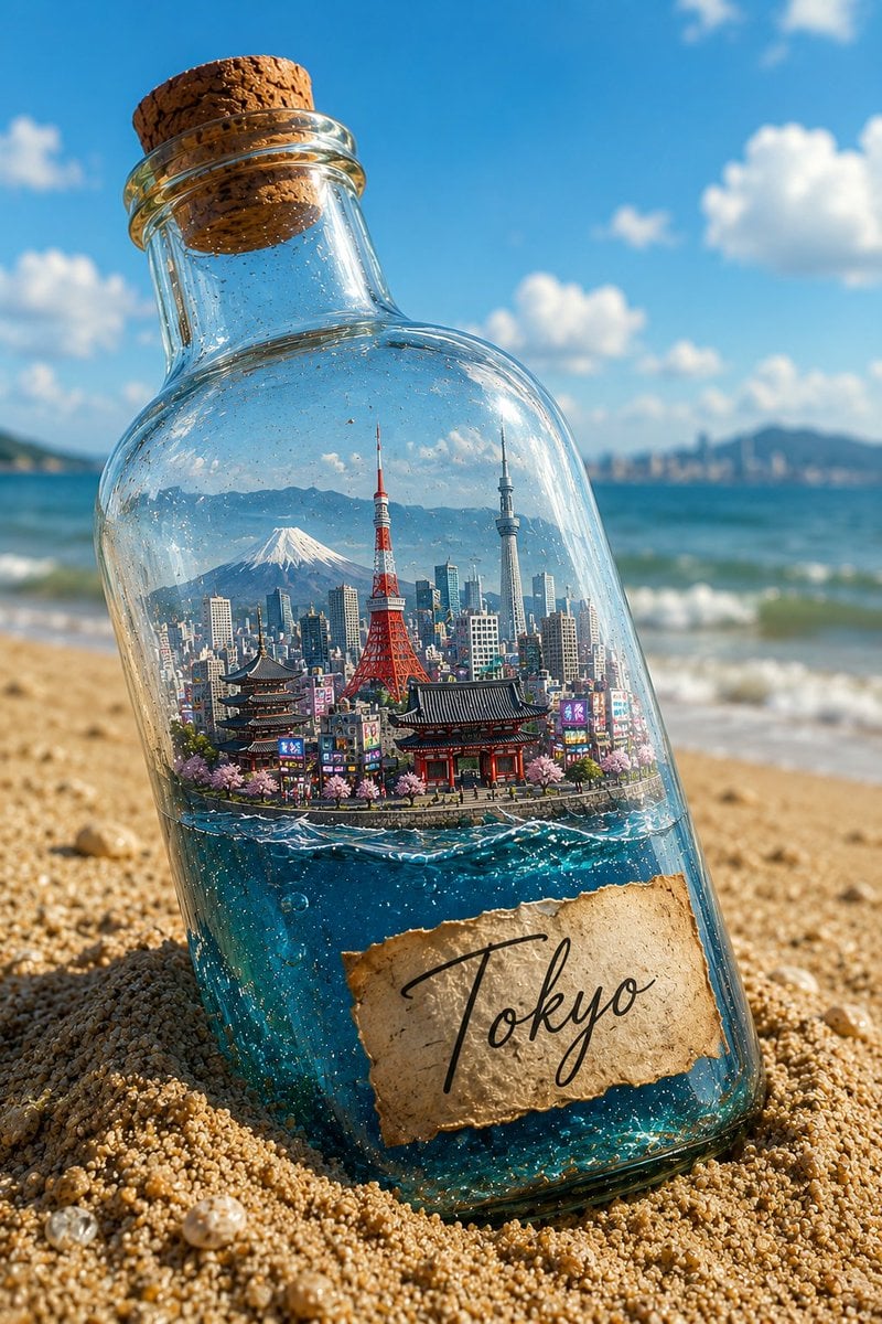 Miniature City in a Sandy Beach Glass Bottle - alternate