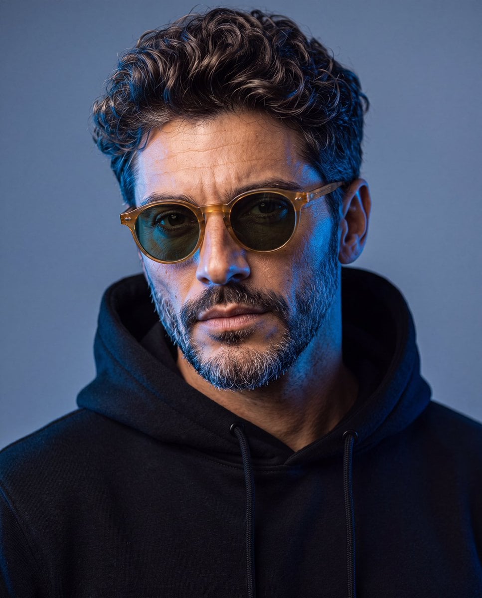 Cinematic Blue-Lit Editorial Hoodie Portrait