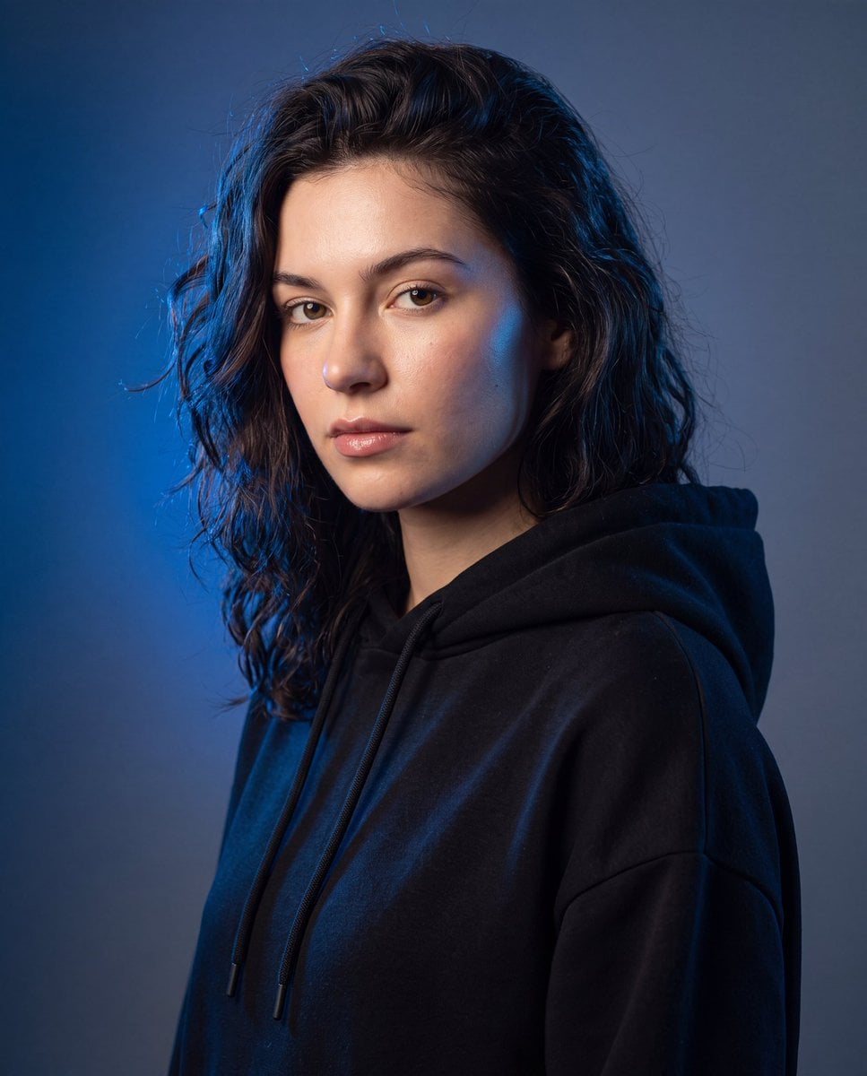 Cinematic Blue-Lit Editorial Hoodie Portrait - alternate