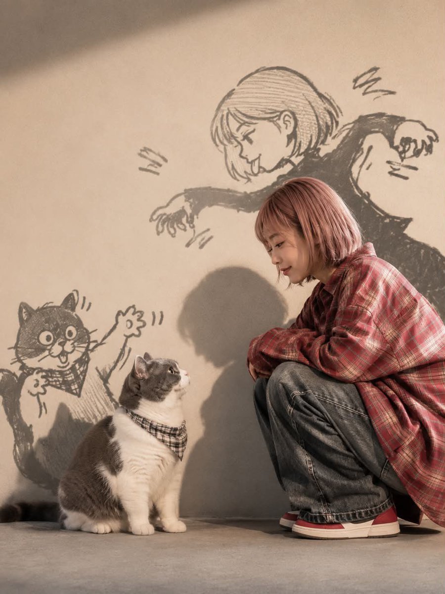 Whimsical Shadow Art: Girl and British Shorthair Cat