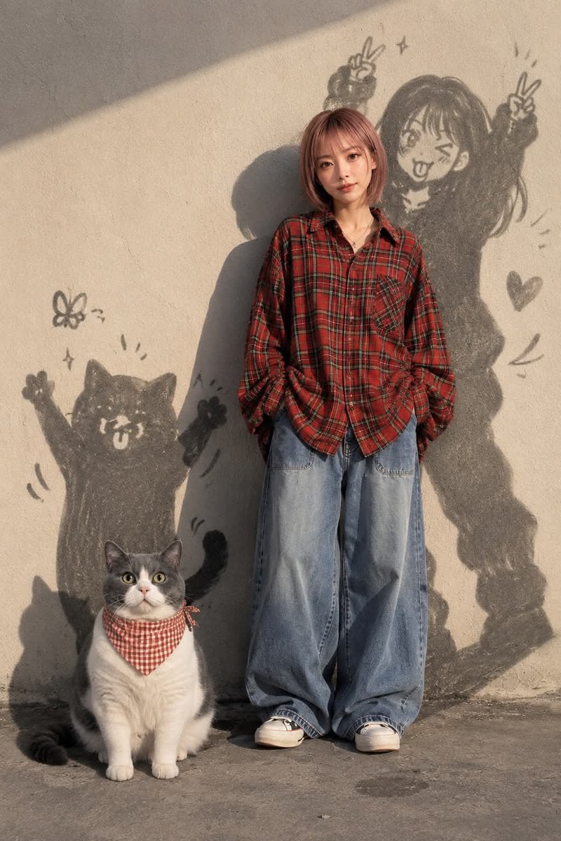 Whimsical Shadow Art: Girl and British Shorthair Cat - alternate