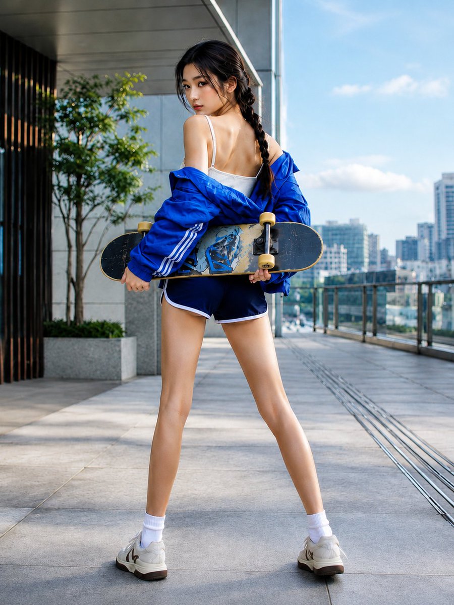 Cobalt Blue Urban Streetwear Portrait with Skateboard