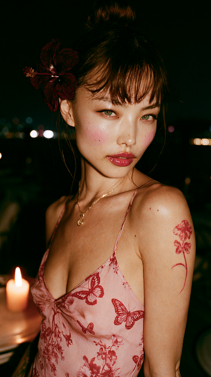 Night Elegance: East Asian Portrait with Emerald Eyes