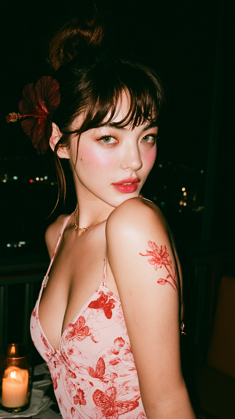 Night Elegance: East Asian Portrait with Emerald Eyes - alternate