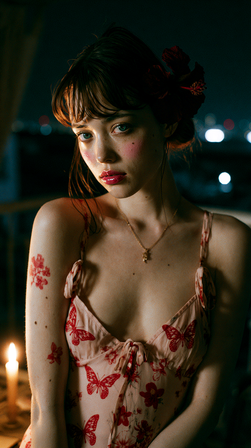 Night Elegance: East Asian Portrait with Emerald Eyes - alternate