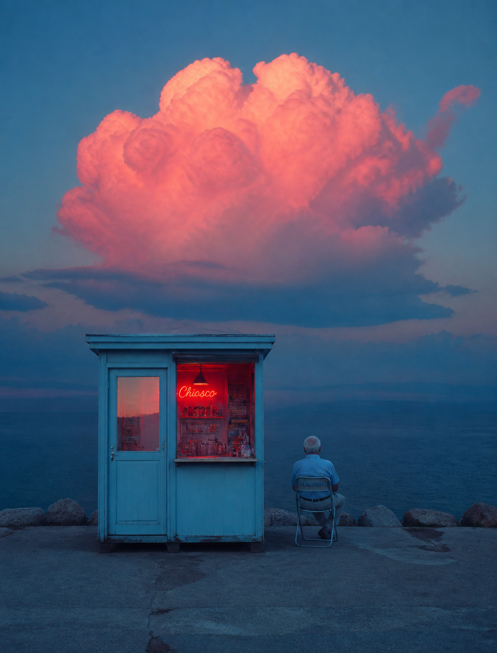 Solitary Dusk at the Neon Kiosk