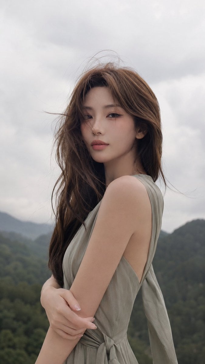 Serene East Asian Woman in Sage Linen Dress