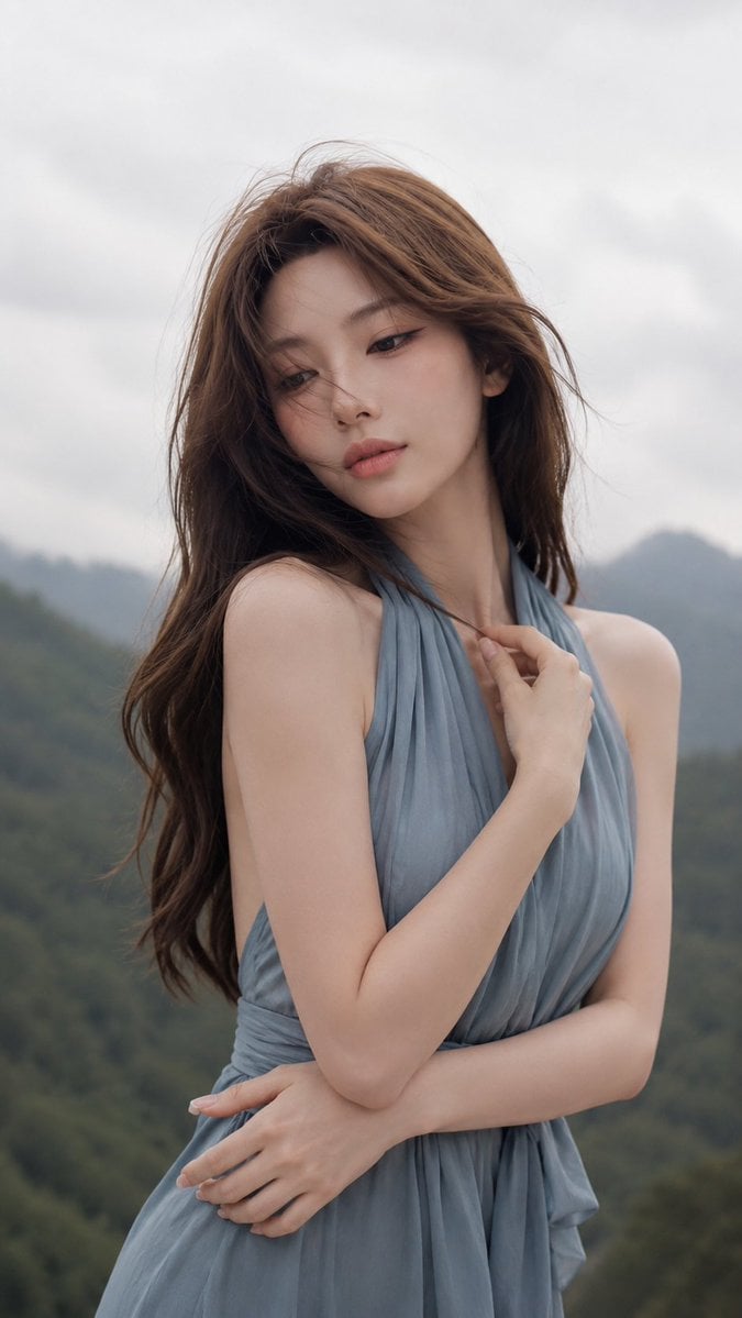 Serene East Asian Woman in Sage Linen Dress - alternate