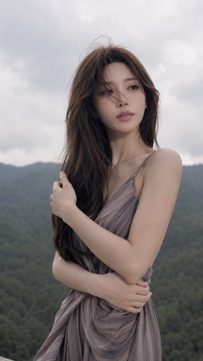 Serene East Asian Woman in Sage Linen Dress - alternate
