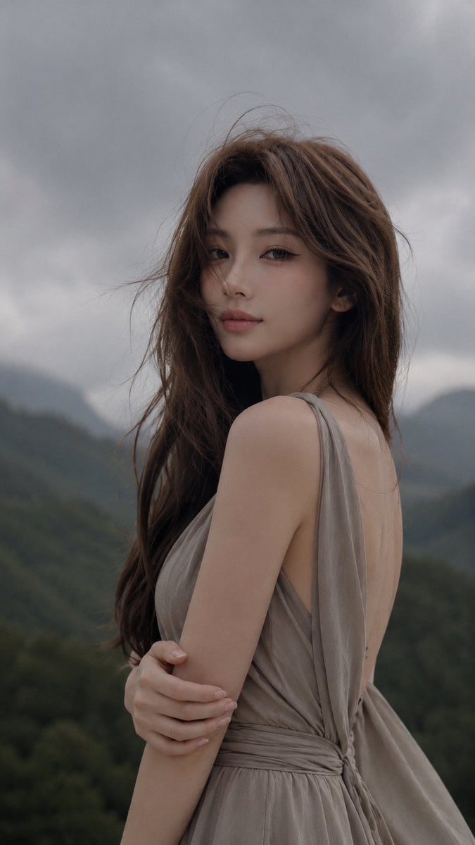 Serene East Asian Woman in Sage Linen Dress - alternate