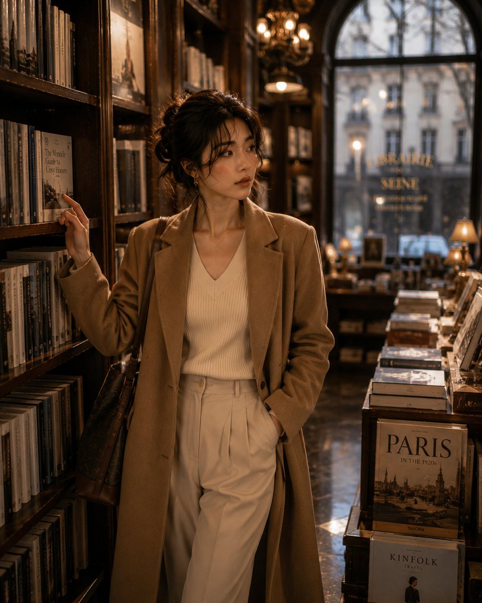 Elegant Korean Woman in Parisian Bookstore