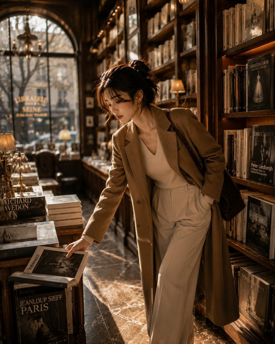 Elegant Korean Woman in Parisian Bookstore - alternate