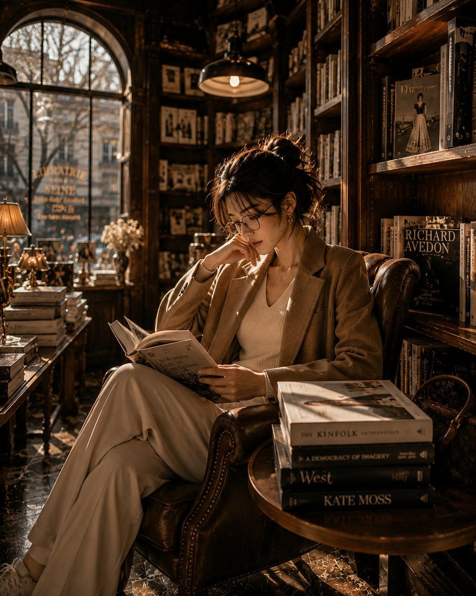 Elegant Korean Woman in Parisian Bookstore - alternate