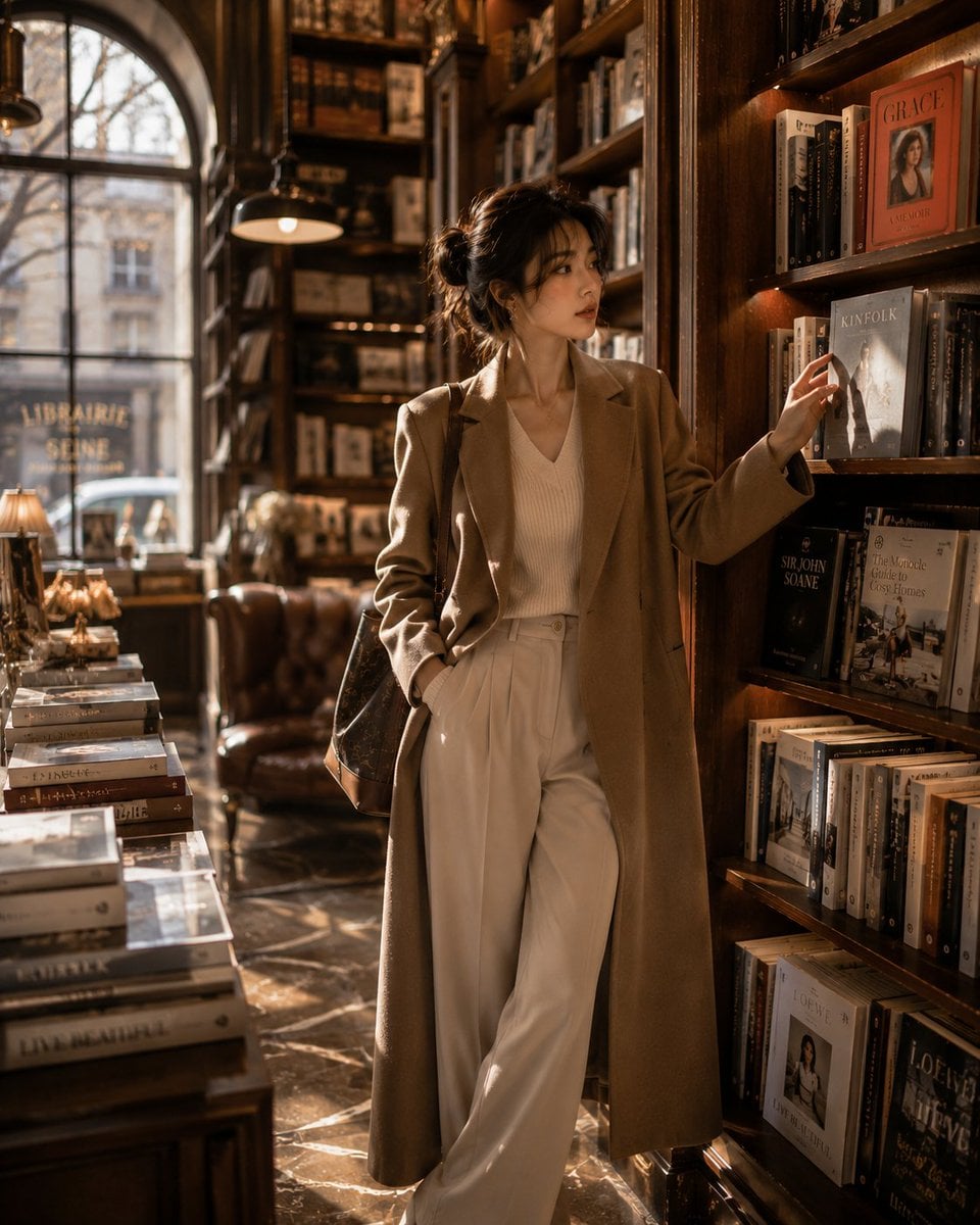 Elegant Korean Woman in Parisian Bookstore - alternate