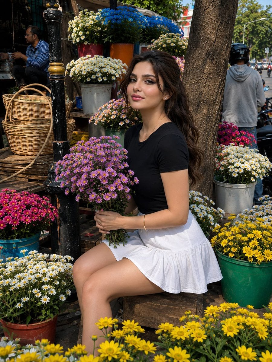 Asian Woman at Sunny Flower Market - alternate