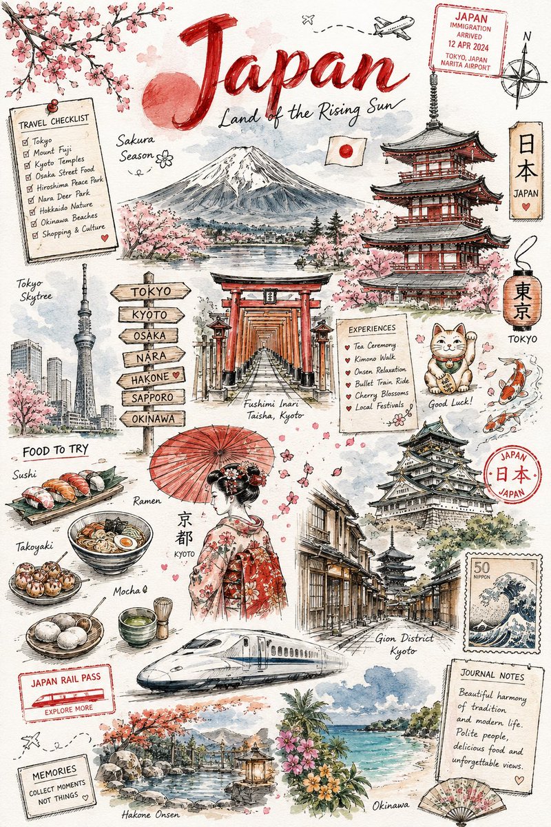 Vintage Watercolor Travel Scrapbook Illustration