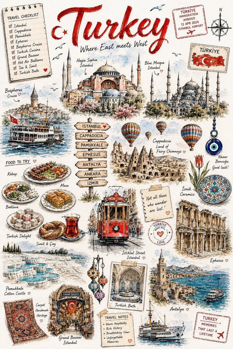 Vintage Watercolor Travel Scrapbook Illustration - alternate