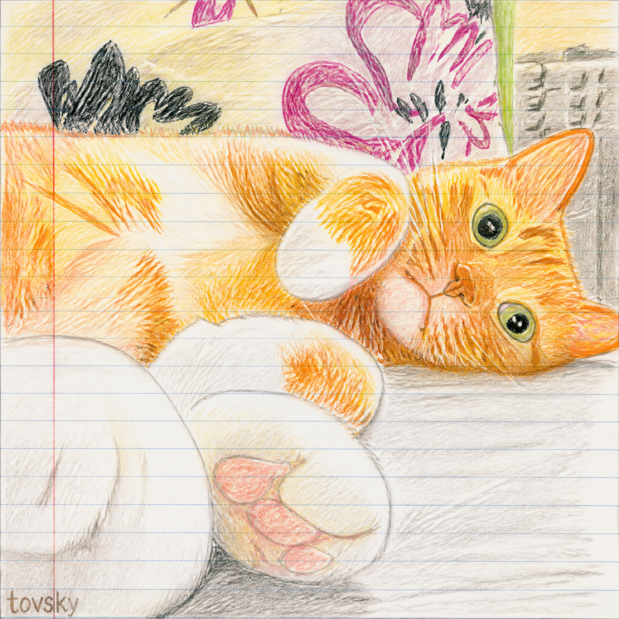 Child's Colored Pencil Sketch on Notebook Paper