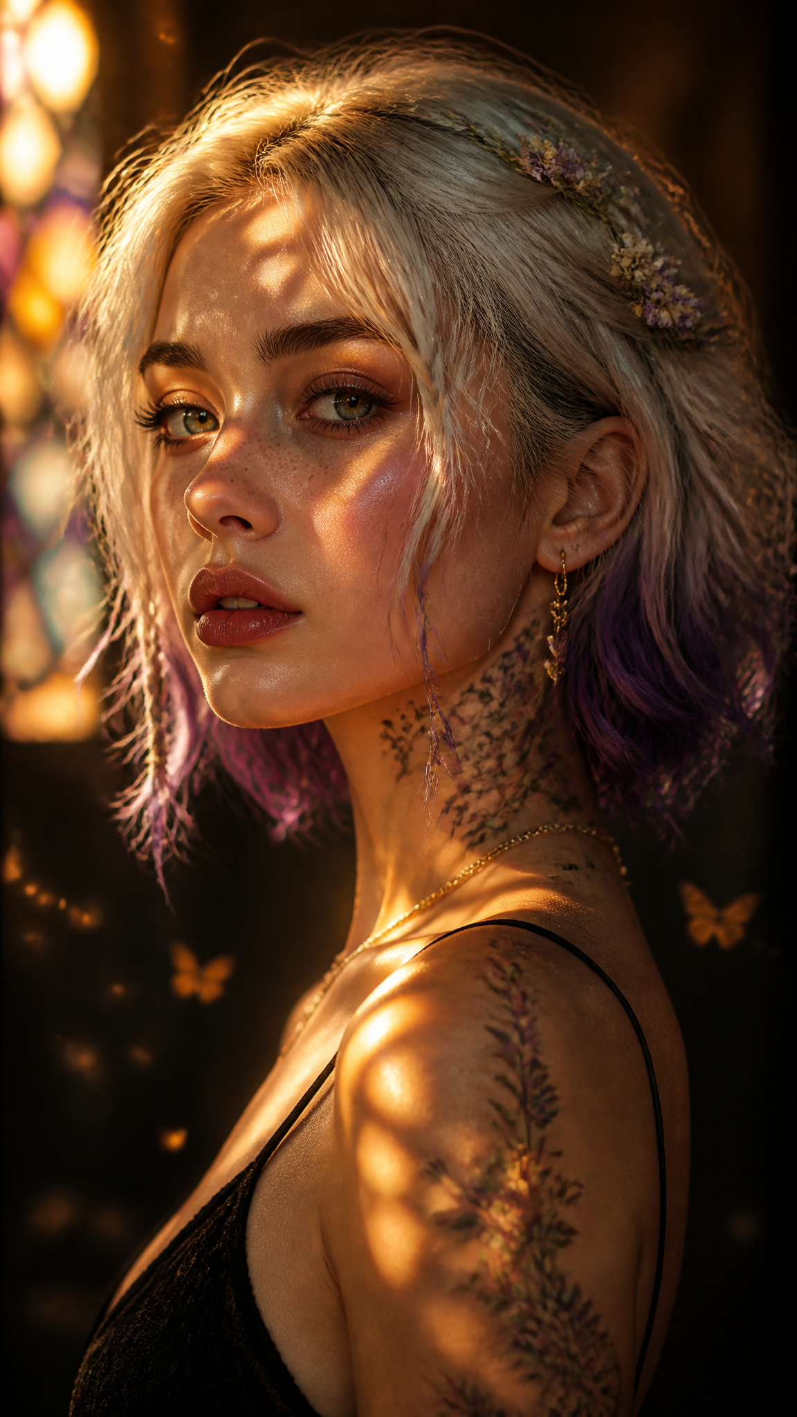 Editorial Beauty Portrait with Violet Bob and Floral Accents
