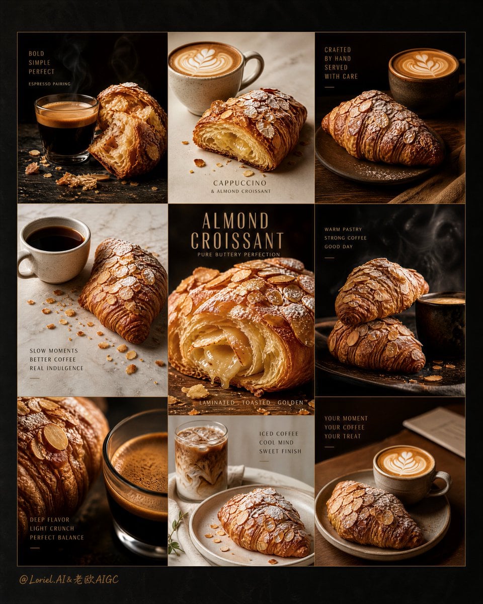 Luxury Almond Croissant & Coffee Editorial Grid