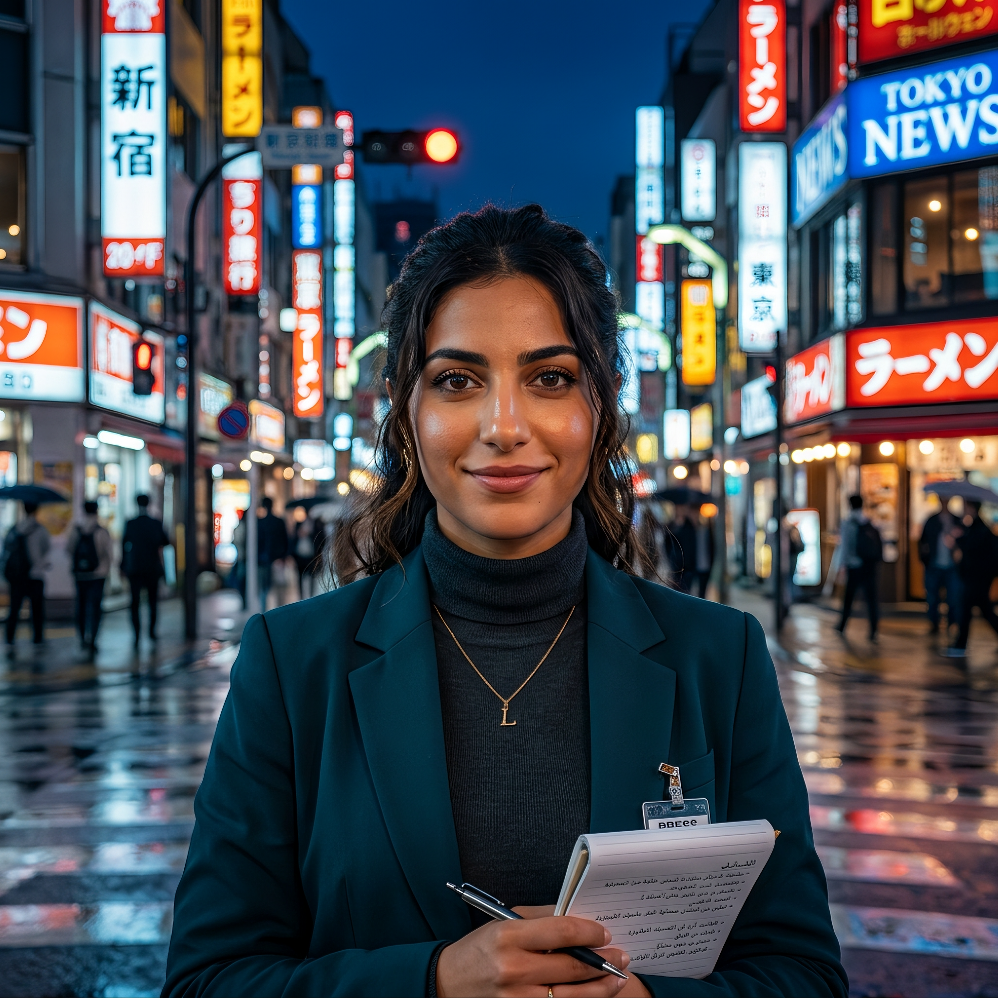 Middle Eastern Journalist in Neon Tokyo
