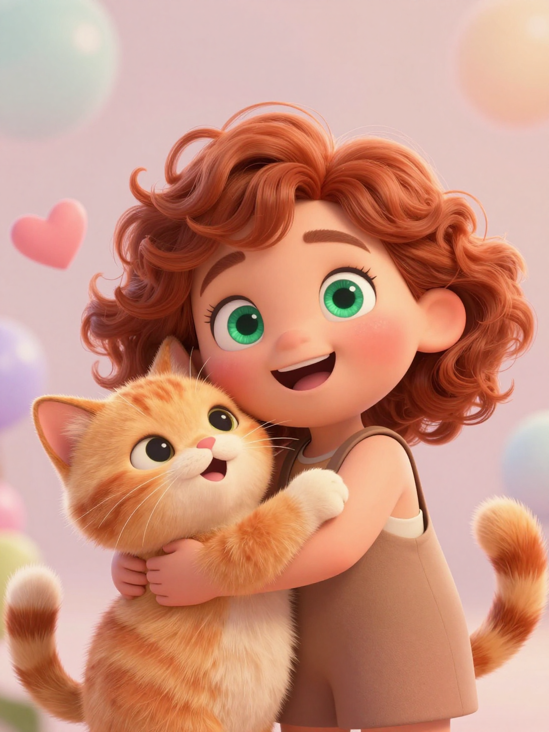 Ginger Girl and Fluffy Orange Cat Embrace