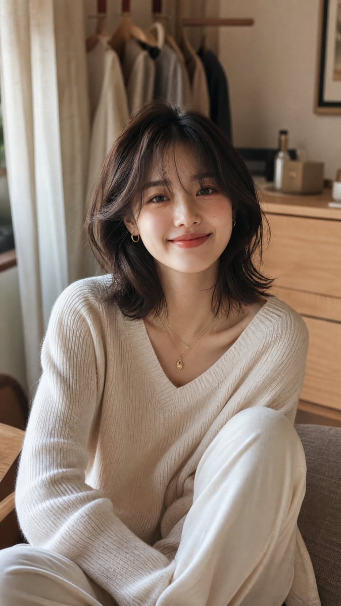 Minimalist Korean Woman in Cozy Scandinavian Interior
