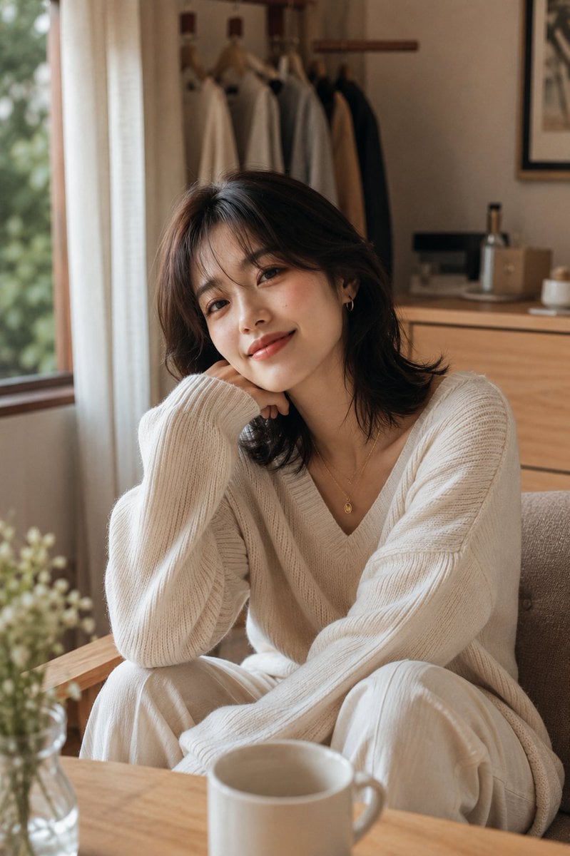 Minimalist Korean Woman in Cozy Scandinavian Interior - alternate
