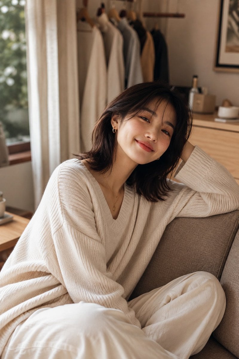 Minimalist Korean Woman in Cozy Scandinavian Interior - alternate