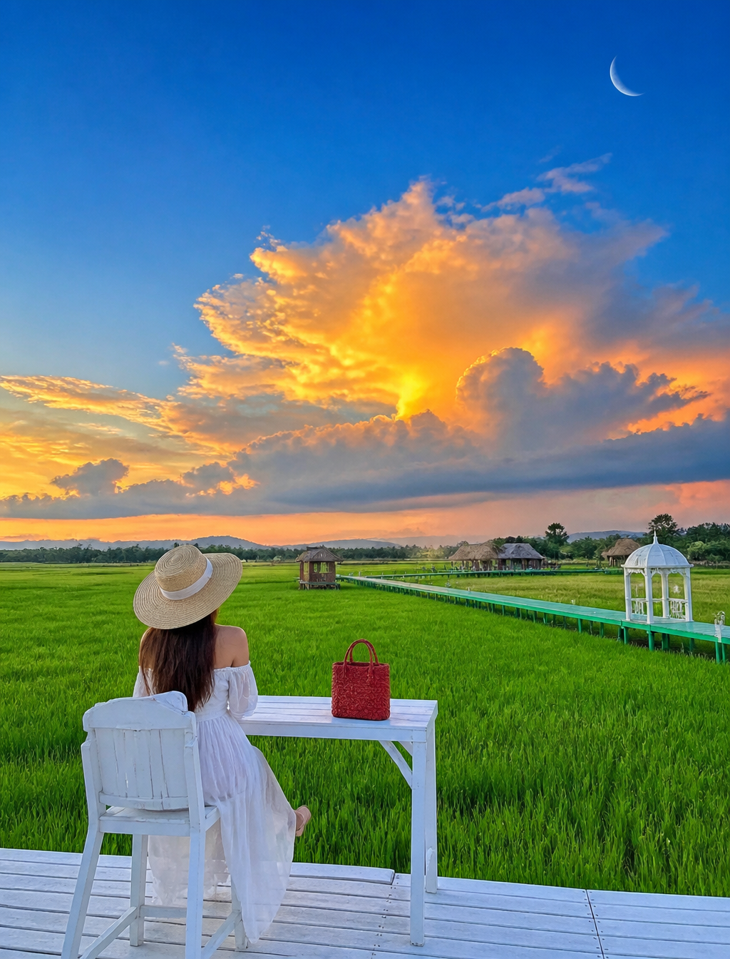 Serene Sunset over Emerald Rice Fields