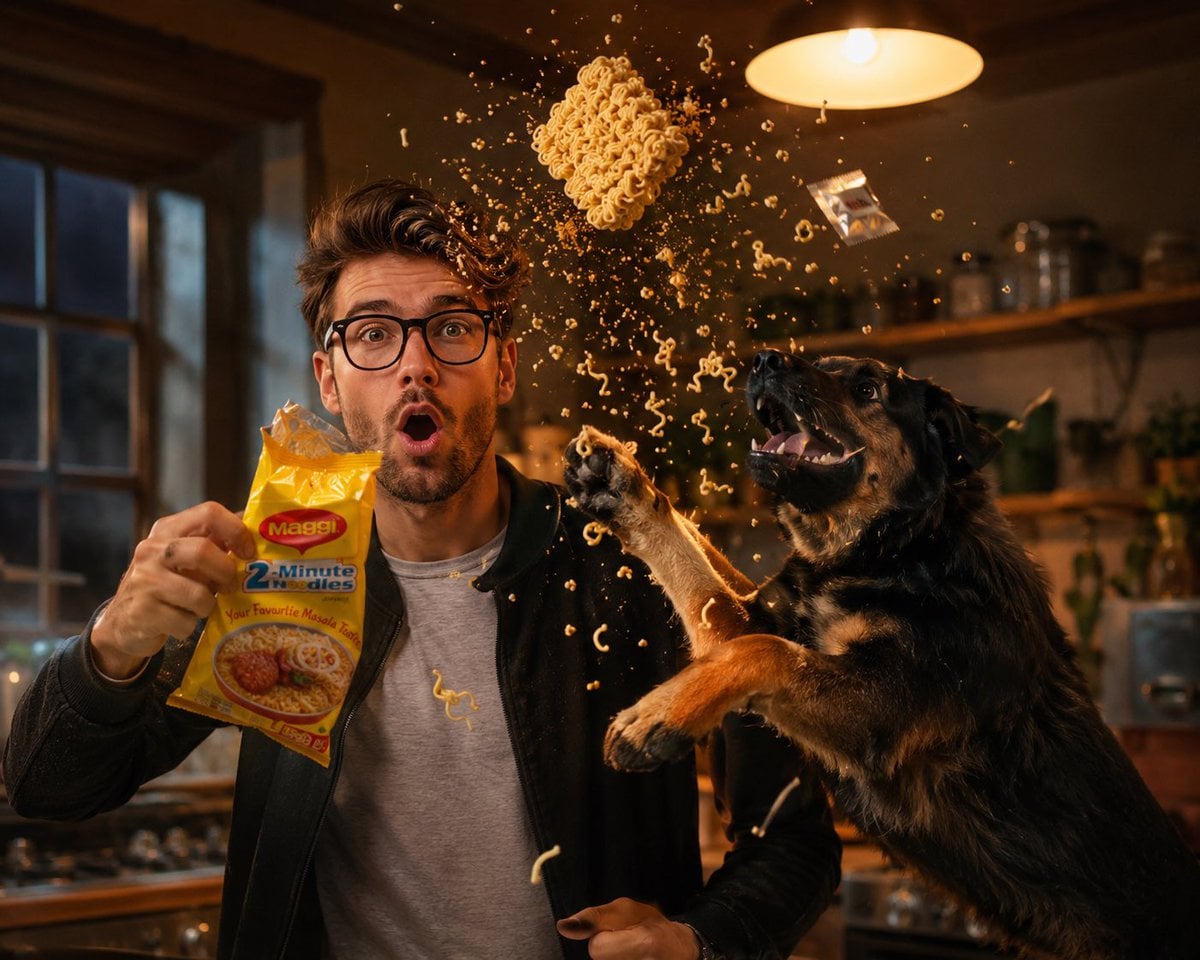 Chaos in the Kitchen: Noodle Explosion with Dog