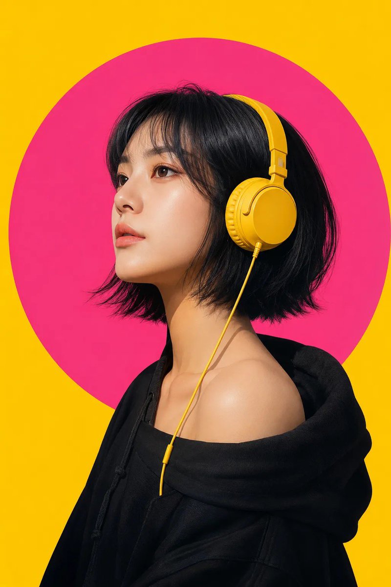 Modern Pop-Art East Asian Portrait with Yellow Headphones