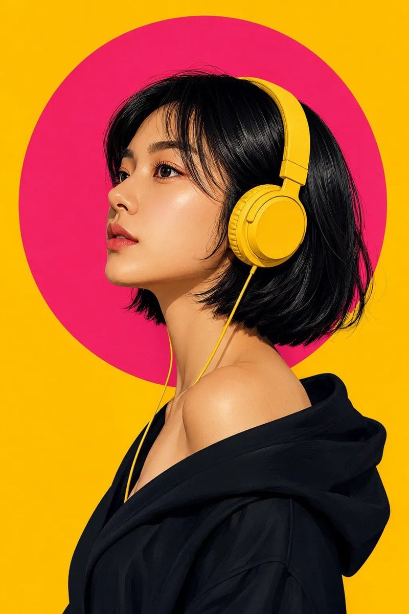 Modern Pop-Art East Asian Portrait with Yellow Headphones - alternate