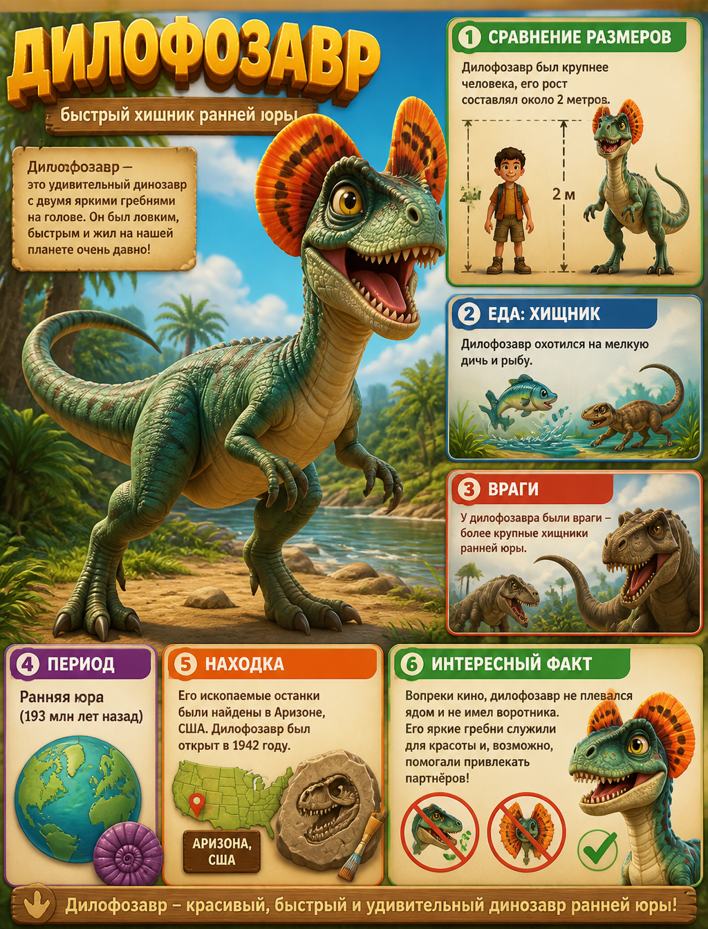 Pixar-Style Dilophosaurus Educational Poster