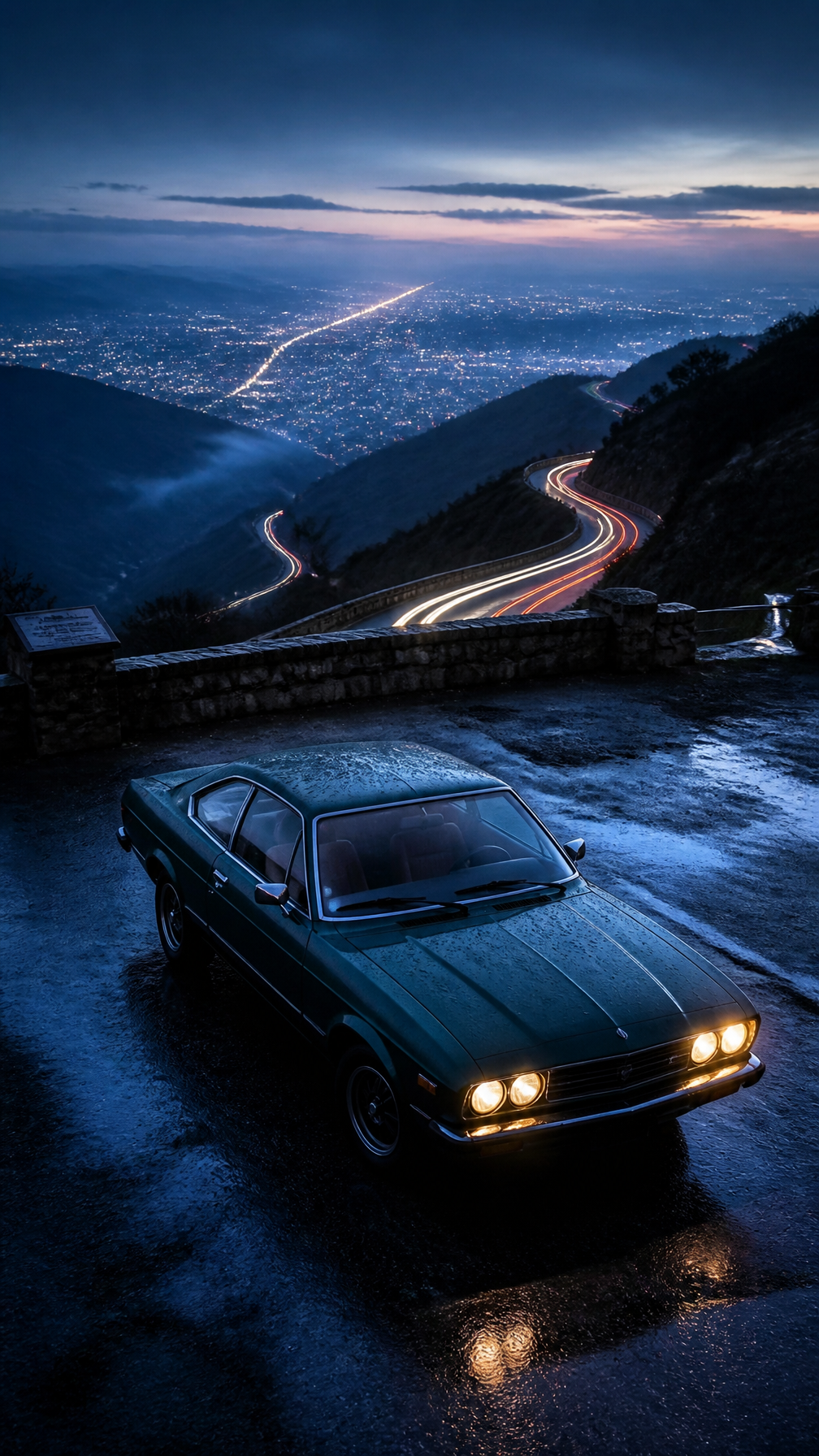 Emerald Vintage Coupe Above City Lights