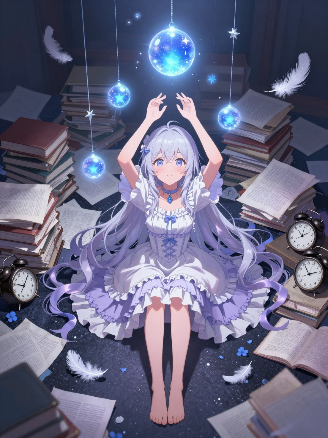 Celestial Librarian in a Dreamscape of Clocks