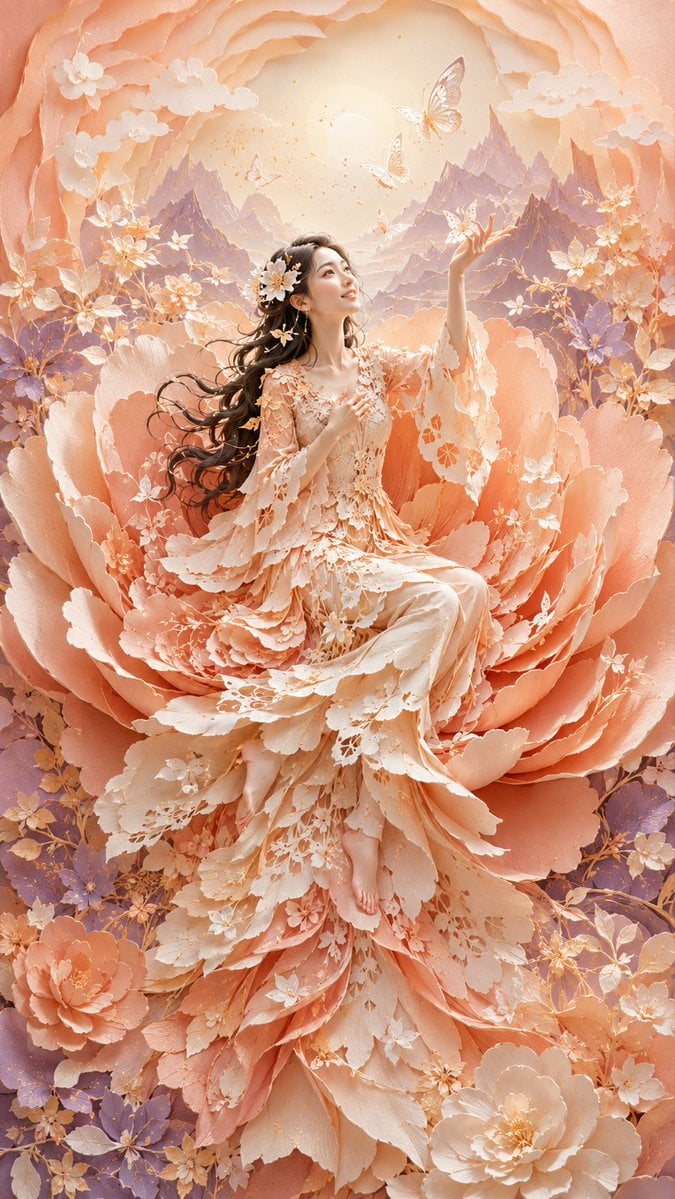 Awakening Bloom: Modern Oriental 3D Papercut Art - alternate
