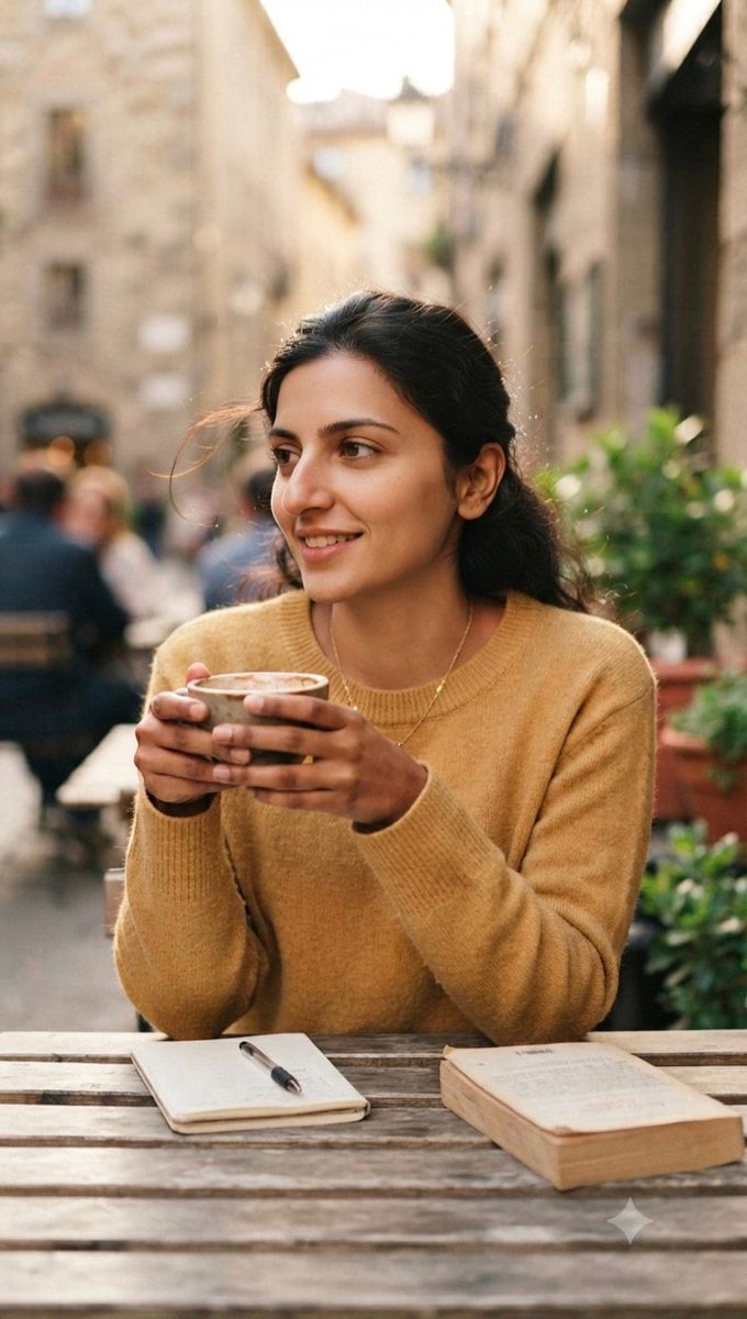 Pensive Woman at European Golden Hour Café - alternate