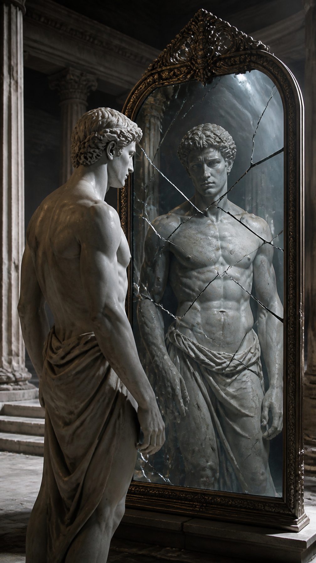 Shattered Reflection of a Stoic Statue