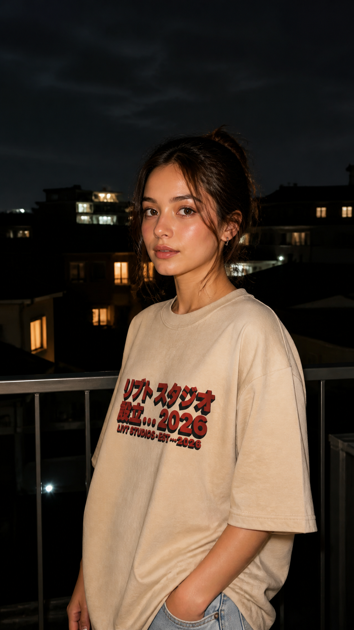 Urban Night Streetwear Portrait with Japanese Typography