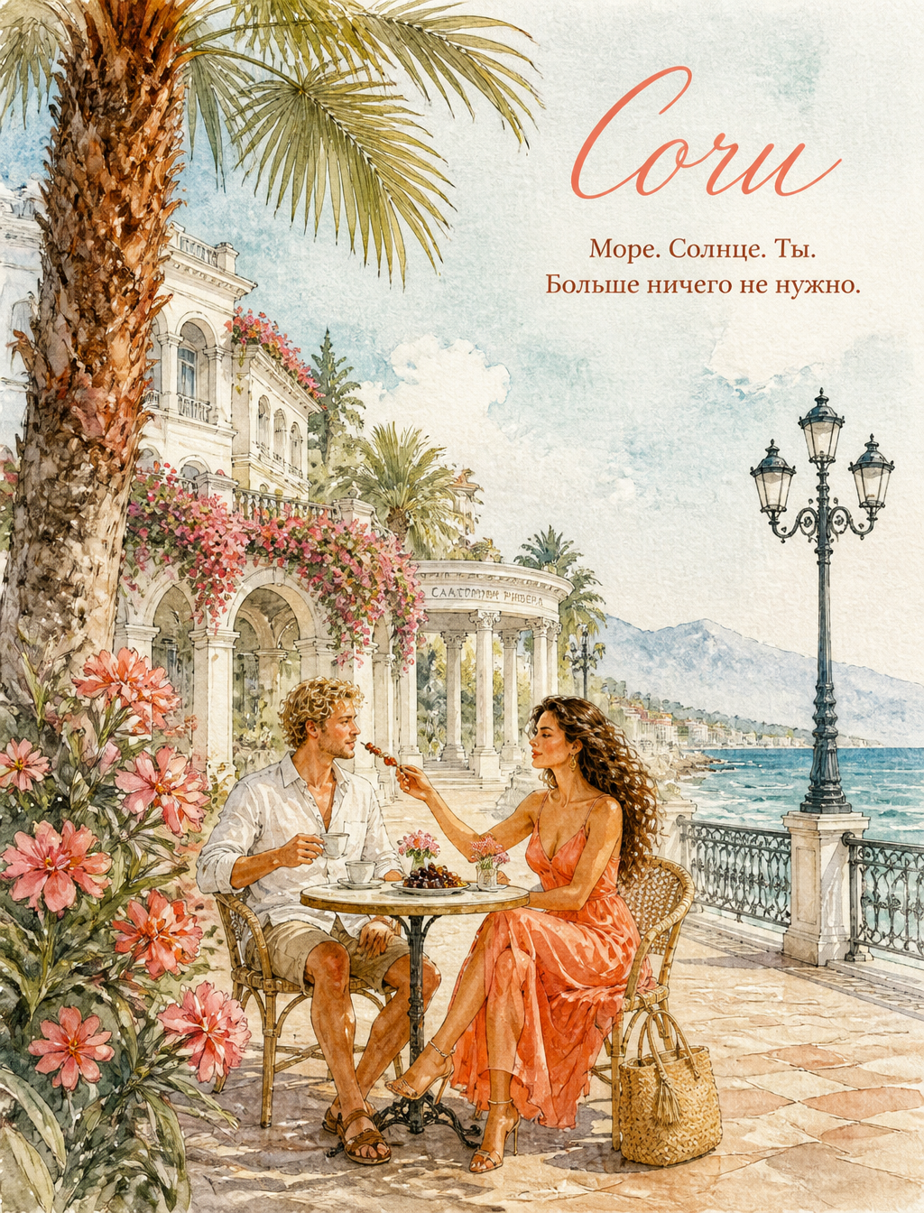 Romantic Sochi Summer Morning Watercolor Poster