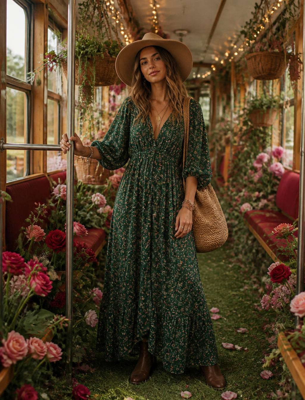Boho Fashion Editorial in a Floral Train Carriage